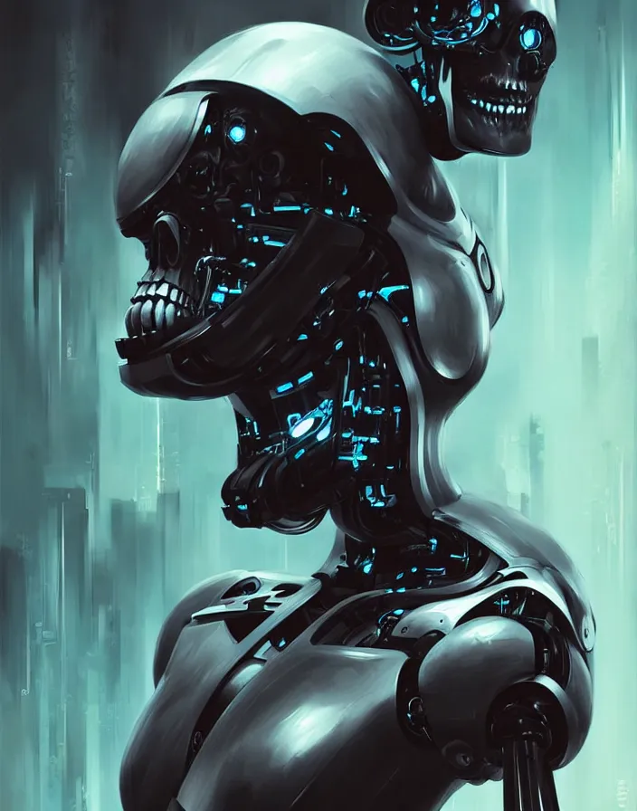 Image similar to skull - headed robot cyborg painting, illutstration, concept art, cyberpunk, futurism, comics art, artgerm, full body shot, wide angle