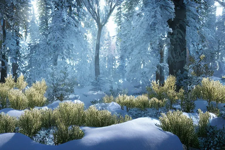 Image similar to crystalized forest with gilded trees and jeweled flowers by unreal engine, photorealistic