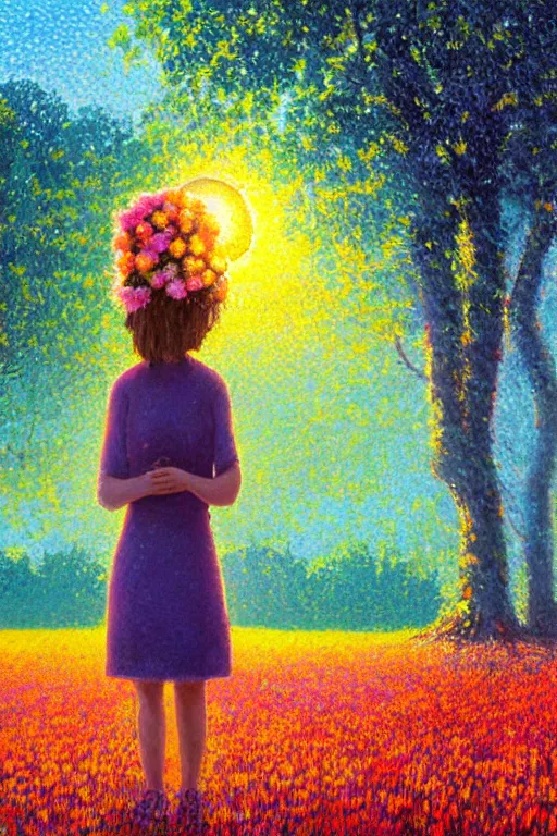 Prompt: girl with big flower as a face, standing in a flower field, big trees, sunrise dramatic light, impressionist painting, colorful clouds, digital painting, pointillism, artstation, simon stalenhag