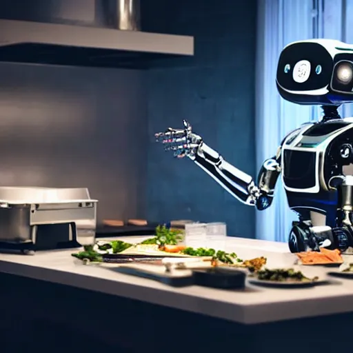 Image similar to a robot preparing a meal in a kitchen, cyberpunk, sci-fi, coherent like Dall-E 2