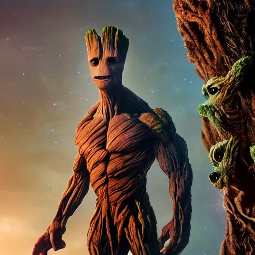 Image similar to first shot of the rock as groot in new guardians of the galaxy, ( eos 5 ds r, iso 1 0 0, f / 8, 1 / 1 2 5, 8 4 mm, postprocessed, crisp face, facial features )