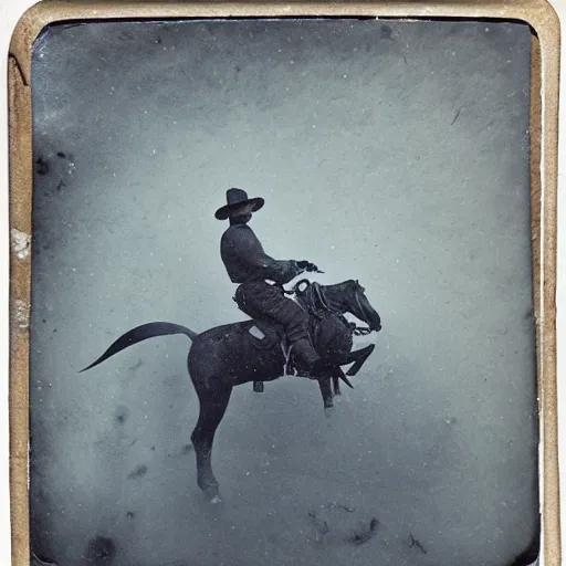 Prompt: underwater tintype photo of a cowboy riding a giant squid