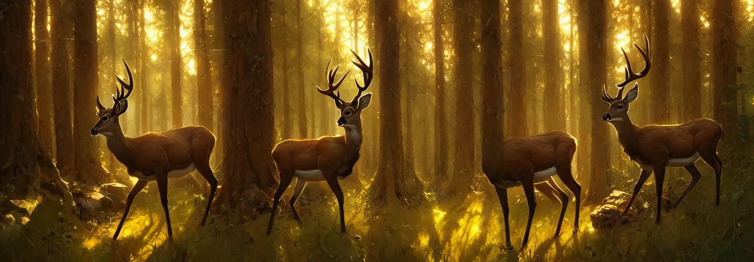 Image similar to Deer in Sherwood Forest, full frame, highly detailed, digital painting, artstation, concept art, smooth, sharp focus, illustration, art greg rutkowski and alphonse mucha