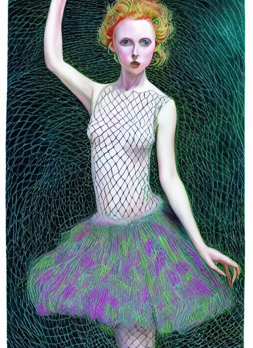 Image similar to surrealism psychedelic full body portrait sketch of lily cole as delirium of the endless in fishnet top and tutu skirt from the sandman, by alex ross, josh kirby, detailed, elegant, intricate