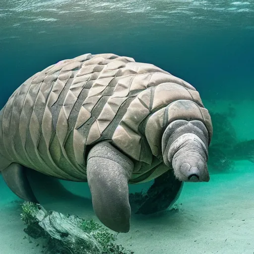 Image similar to a Manatee with the armor of a pangolin, national geographic photograph