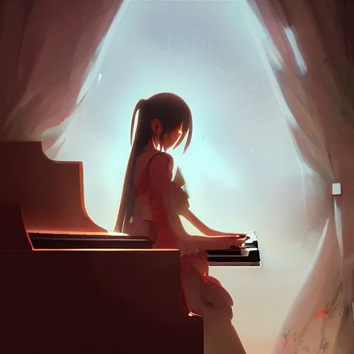 Image similar to anime girl Playing the Piano instrument , digital Art, Greg rutkowski, Trending cinematographic artstation