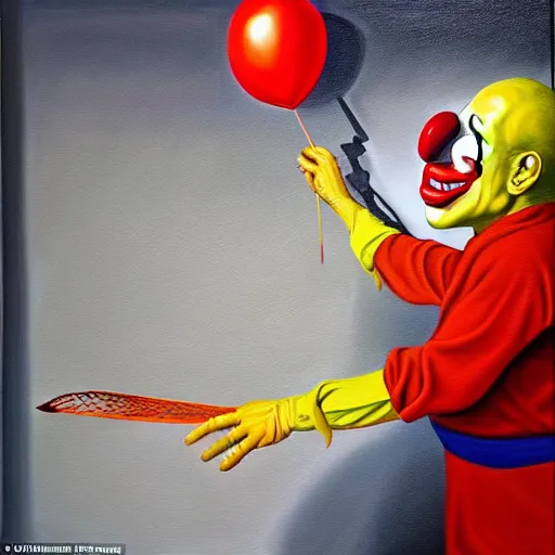 Image similar to hyperrealism painting from the housefly perspective getting swatted at from an angry and sick clown man with a fly swatter in the kitchen