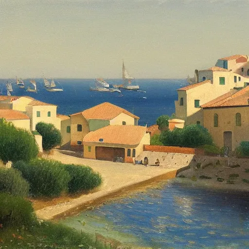 Image similar to a beautiful painting of a mediterranean village in summer by peter ilsted, whitewashed housed, cypress trees, cyan shutters on windows, trending and featured on artstation and behance