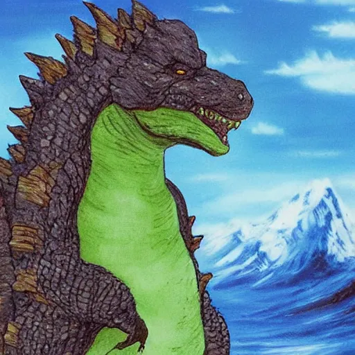 Image similar to godzilla by bob ross