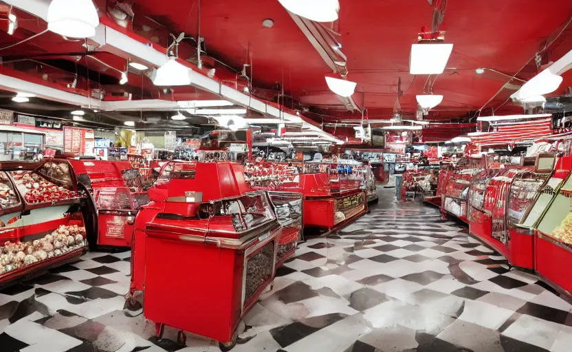 Image similar to interior of a 1950s style super market, retro equipment, red, black and white checkered patterns, us style