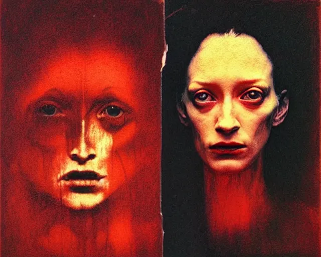 Image similar to by francis bacon, beksinski, mystical redscale photography evocative, expressionism. kat dennings uma thurman christina hendricks tilda swinton