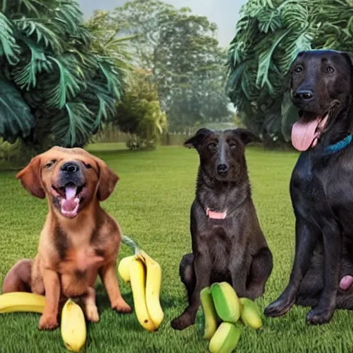 Image similar to a realistic photo of 2 or 3 dogs sitting around a bunch of bananas, looking at them whilst druoling because they're hungry.