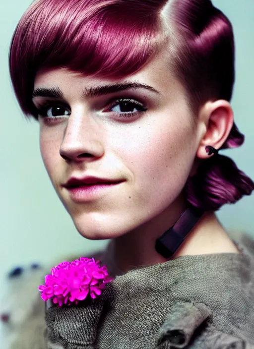 Prompt: kodak portra 4 0 0, 8 k, highly detailed, britt marling style 3 / 4 photographic close - up face of a beautiful emma watson with pink pixie cut hairstyle, 1 9 4 0, 1 9 4 0 s cyberpunk style, symmetrical, hasselblad x 1 d - 5 0 c, medium format, soft light