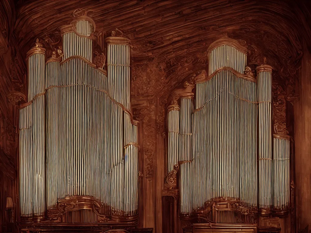 Image similar to hyper realistic photo of a luxury pipe organ interior volumetric lights designed by alan lee