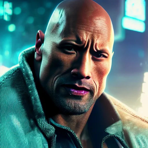 Prompt: dwayne johnson portrait, cyberpunk 2 0 7 7, photorealistic, ultra detailed, neon, octane, bokeh, cinematic lighting, cyber, cyberpunk city, studio quality, feature, scars, cyberface, 8 k