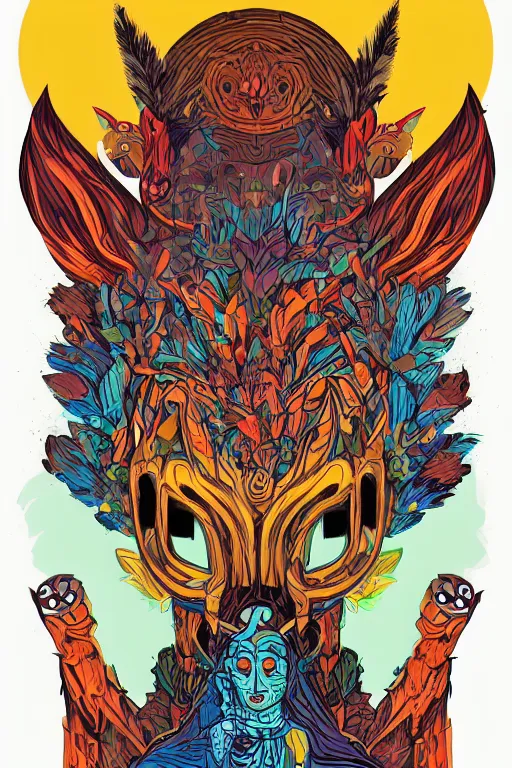 Image similar to animal mask totem roots flower tribal feather gemstone plant wood rock shaman vodoo video game vector cutout illustration vivid multicolor borderlands comics by josan gonzales and dan mumford radiating a glowing aura