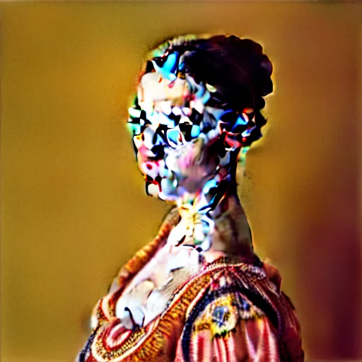 Image similar to hyperrealism photography in caravaggio style computer simulation visualisation of parallel universe sit - com scene with beautiful highly detailed ukrainian woman wearing ukrainian traditional suit designed by taras shevchenko that wearing neofuturistic neural interface by josan gonzalez. hyperrealism photo on pentax 6 7, kodak portra 4 0 0 volumetric natural light - s 1 5 0