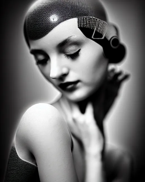 Prompt: black and white dreamy young beautiful female artificial intelligence, cinematic, rim light, bokeh, photo - realistic, elegant, high detail, 8 k, masterpiece, photo taken in 1 9 3 0, inspired by cecil beaton