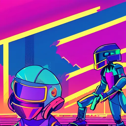 Image similar to shovel knight as daft punk, Aaron Campbell behance, synthwave background,4k, colorful, digital art