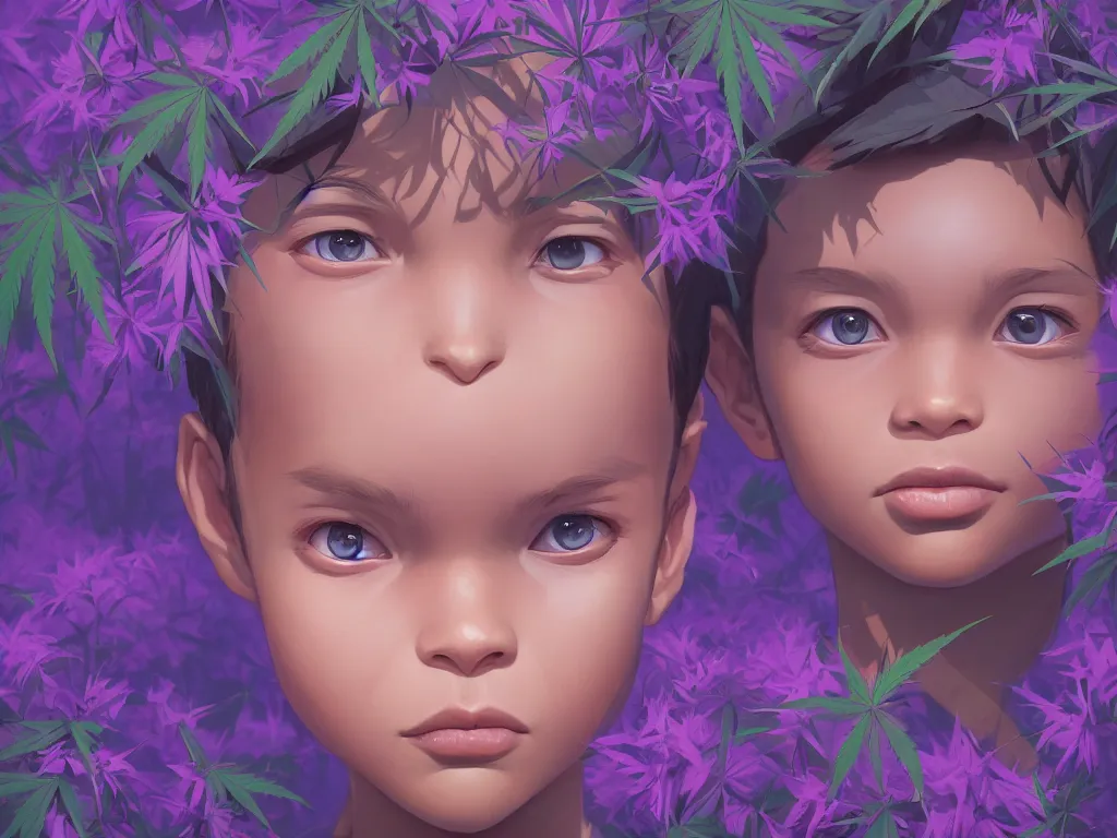 Image similar to kid with symmetrical beauty face, purple flowers of marijuana hemp cannabis, behance hd, by jesper ejsing, by rhads, makoto shinkai, lois van baarle, ilya kuvshinov, rossdraws global illumination, golden ratio