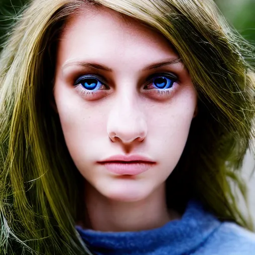 Prompt: brunette with dyed blonde hair, 21 years old, 165 cm tall, long flat hair, blonde, green eyes, 20% smaller nose, small mouth, round shaped face, big forehead, lop eared, thin eyebrows, real life Carl Zeiss optics photo