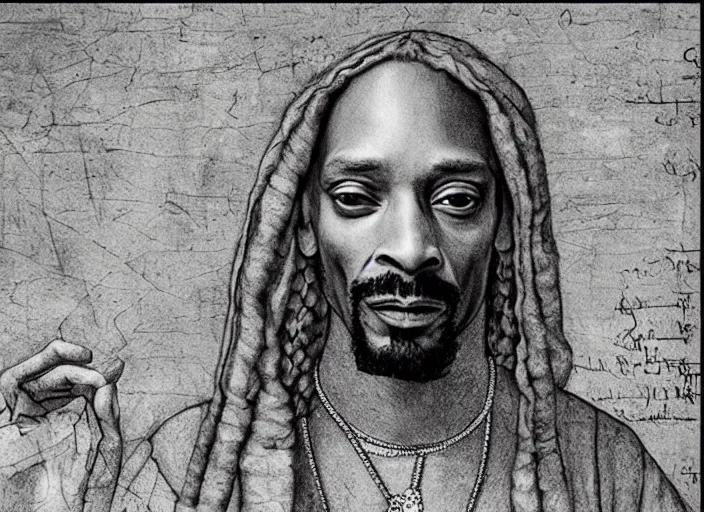 Image similar to a very high resolution image from a new movie, snoop dogg. drawn by leonardo da vinci. mountains, directed by wes anderson