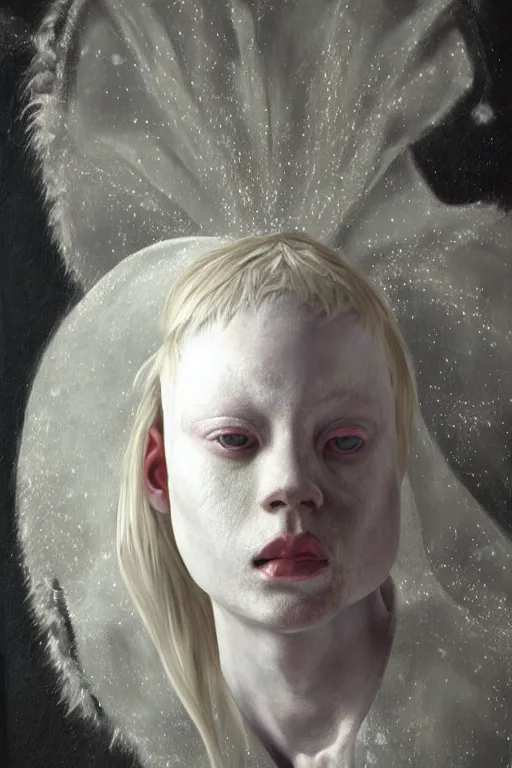 Image similar to hyperrealism oil painting, close - up portrait of albino medieval fashion model, knight, steel gradient mixed with nebula sky, in style of baroque