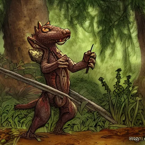 Prompt: kobold in a forest from d & d art by greg rutowski