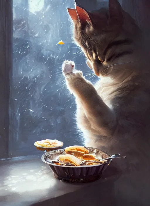 Image similar to a whimsical portrait of a cat stealing food ; by greg rutkowski, sung choi, mitchell mohrhauser, maciej kuciara, johnson ting, maxim verehin, peter konig, final fantasy, marco lense, hd, high detail, atmospheric, trending on artstation