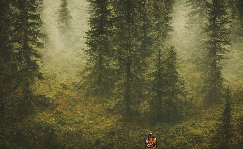 Image similar to a lonely wandering soul, resting in a forest sitting on a boulder, listening to the quiet and the breeze, smiling and looking up at the trees, by elizabeth gadd