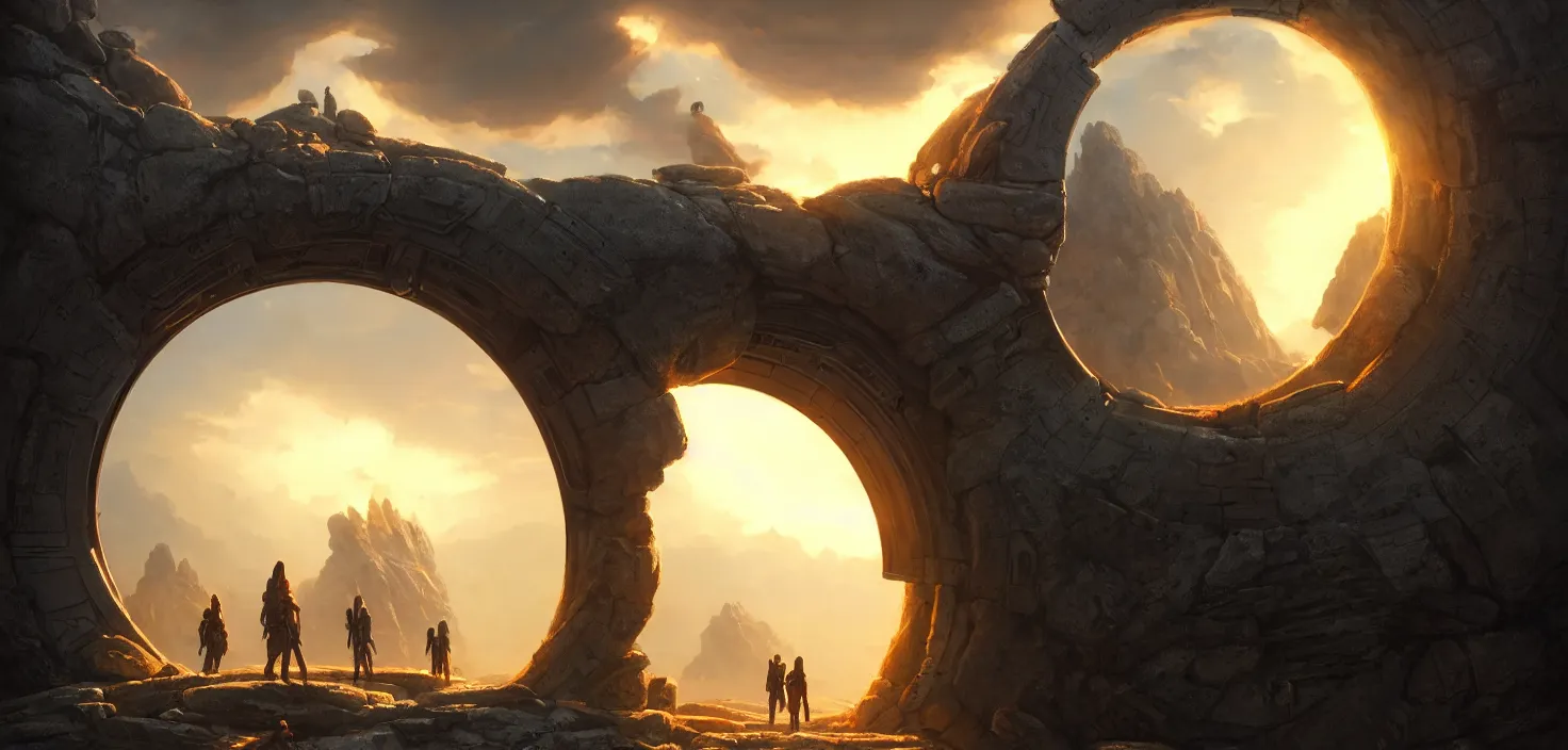 Prompt: stargate made of stone that form a circle, cinematic view, epic sky, detailed, concept art, low angle, high detail, warm lighting, volumetric, godrays, vivid, beautiful, trending on artstation, by jordan grimmer, huge scene, grass, art greg rutkowski