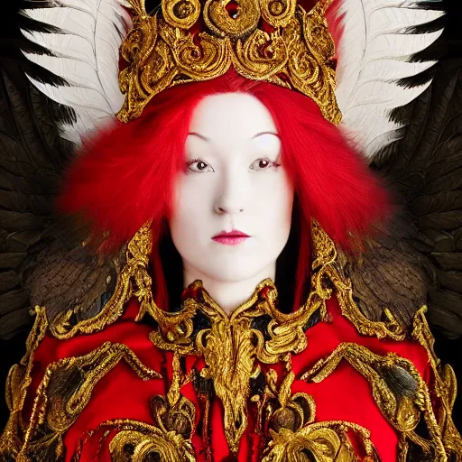 Image similar to portrait of a red monarch, sharp focus, black hair, baroque, rococo, full body, highly detailed, intricate, bird mask, white, regal clothing, gold ethereal light, high fantasy