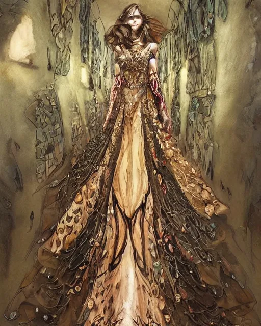 Image similar to fashion model walking down a catwalk, elaborate dress by alexander mcqueen, beautiful feminine face, art by michael whelan and chris moore and howard david johnson and tim white and dan giancola