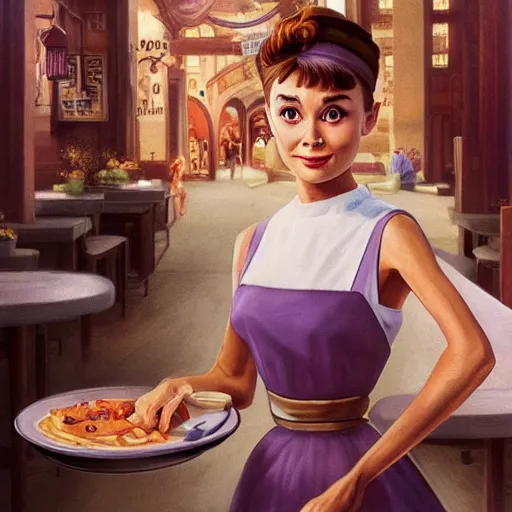 Prompt: Audrey Hepburn as a fry cook, high resolution fantasy concept art, intricate details, soft lighting