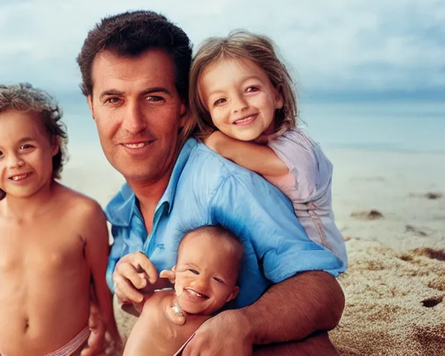 Image similar to portrait of a happy family at the beach, outdoor lighting, realistic, smooth face, perfect eyes, wide angle, sharp focus, high quality, professional photography, photo by annie leibovitz, mark mann