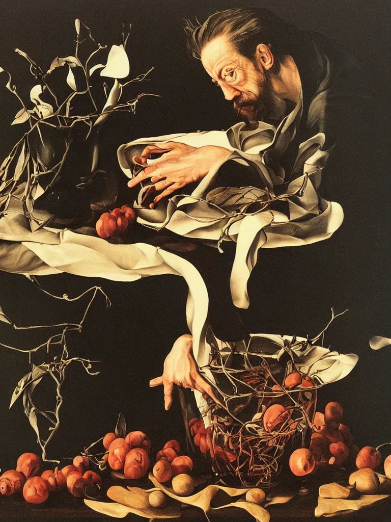 Prompt: hyperrealistic still life painting of a alan watts, by Caravaggio, botanical print, surrealism
