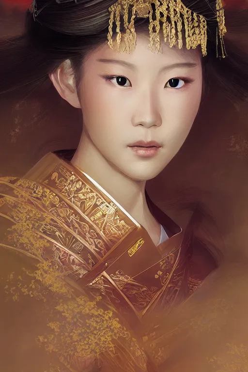 Image similar to Japanese princess, gorgeous, close-up portrait, intricate, elegant, volumetric lighting, scenery, digital painting, highly detailed, artstation, sharp focus, illustration, concept art, ruan jia, steve mccurry