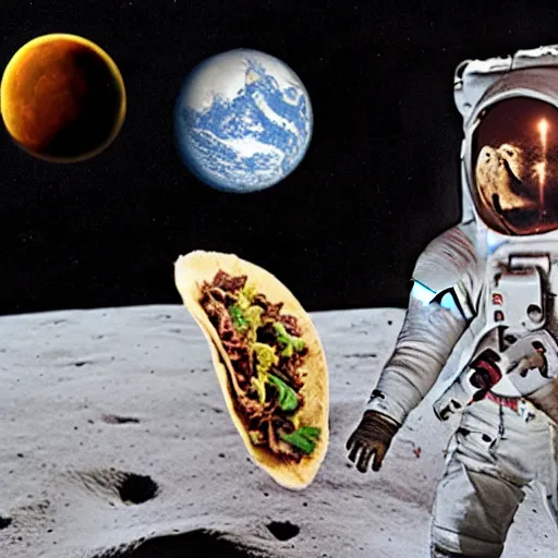 Prompt: picard on the moon eating tacos