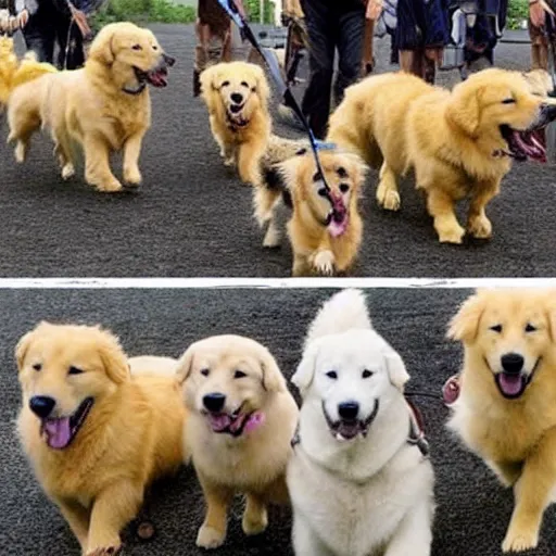 Prompt: army of golden retriever dogs naruto running into mordor to fight an army of robot corgis