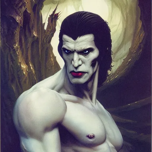 Image similar to head and shoulders vogue photo portrait of a male vampire, d & d, fantasy, greg rutkowski, frank frazetta, alexandre chaudret, boris vallejo, michael whelan, miro petrov, hr giger, magali villeneuve, donato giancola