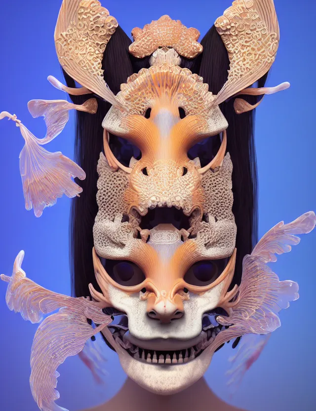 Prompt: 3 d goddess close - up frontal portrait with cat skull. beautiful intricately detailed japanese crow kitsune mask and clasical japanese kimono. betta fish, jellyfish phoenix, bio luminescent, translucent, plasma, ice, water, wind, creature, artwork by tooth wu and wlop and beeple. vray. behance. 8 k