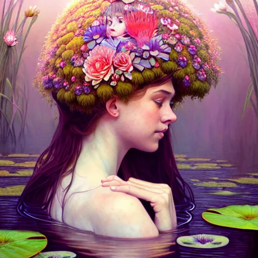 Image similar to Portrait of a girl surrounded by flowers and morphing into mushrooms while sitting at a pond with waterlilies, face, fantasy, intricate, elegant, highly detailed, digital painting, artstation, concept art, smooth, sharp focus, illustration, art by Fernanda Suarez and Artem Demura and alphonse mucha