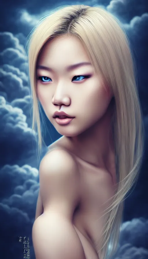 Image similar to photo of a gorgeous blonde young asian girl , searching for eternity, head in the clouds in the style of stefan kostic, realistic, sharp focus, 8k high definition, high fashion, vogue, insanely detailed, intricate, elegant, art by stanley lau and artgerm, sigma 85mm art