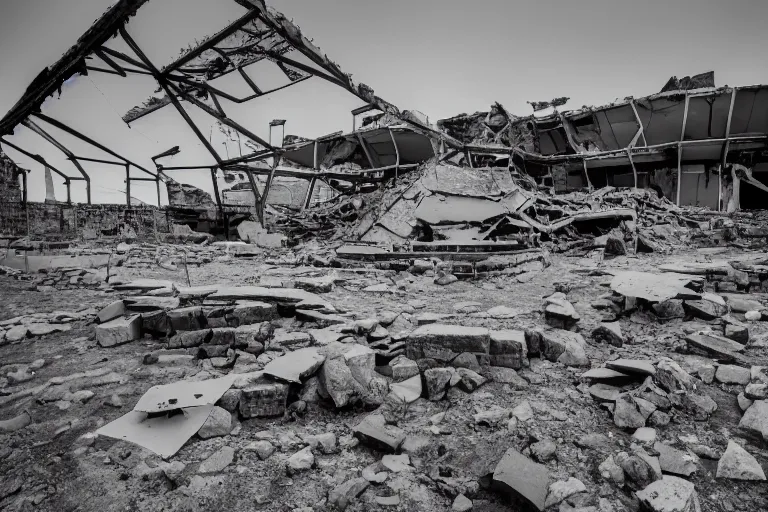 Prompt: ruins of a shopping mall on the moon, DSLR photography