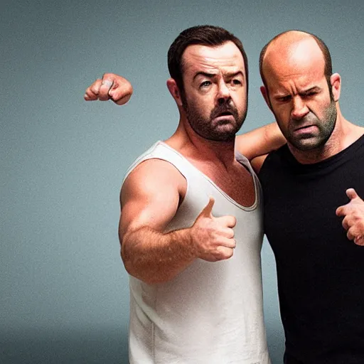 Prompt: danny dyer and jason statham wrestle in jelly