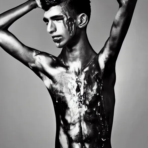 Image similar to a beautiful young athetic slim mexican male covered in oil, photographed by dolores laboureau for a fashion magazine