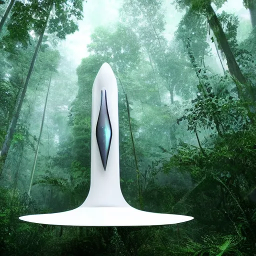 Image similar to futuristic white spaceship in a dense alien rainforest, HD, high def