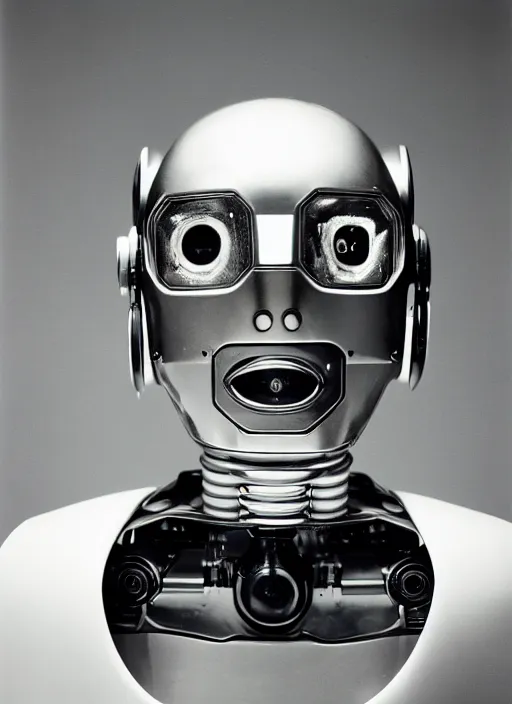 Image similar to a portrait photograph of a robot head designed by Balenciaga, 35mm, pentax, studio