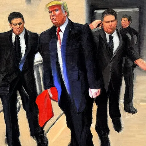 Prompt: fbi agents arresting donald trump, oil painting, in the style of artstation