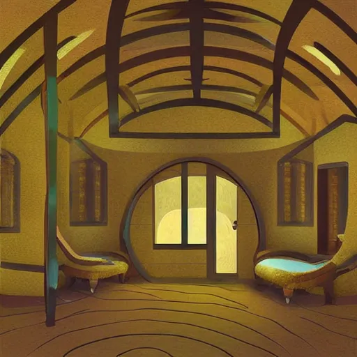 Image similar to art - deco interior of a hobbits house, digital art